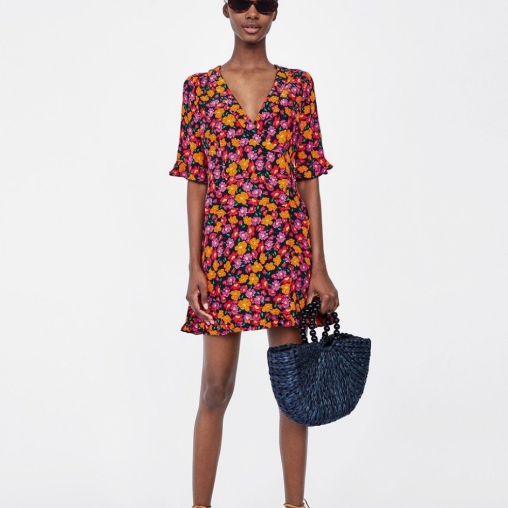 Zara Floral Print Short Sleeve Mini Dress